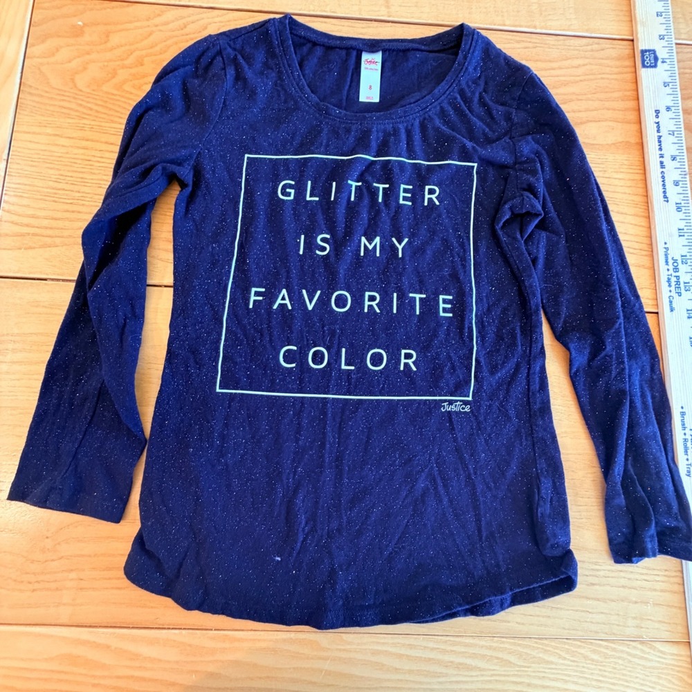 Justice Love Glitter Long Sleeve TShirt Girls Size 8 Black Glittery Girly